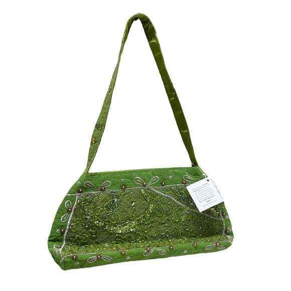 NWT World Finds Green Indian Sari Bowling Handmade Beaded Handbag - Picture 1 of 15